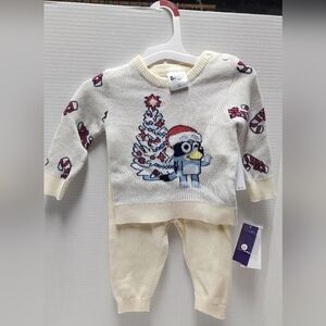 3-6 M Baby Bluey Infant Christmas Tree 2pc Sweater Top & Bottom Set Ivory New
